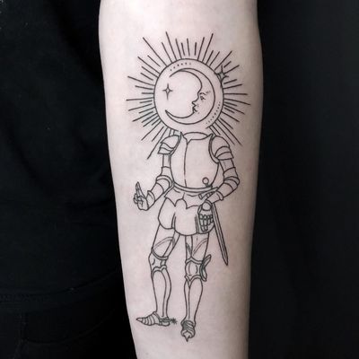 Tattoo by Léa Joyeux aka starseed ink #LeaJoyeux #starseedink #illustrative #linework #moon #sun #knight #sword