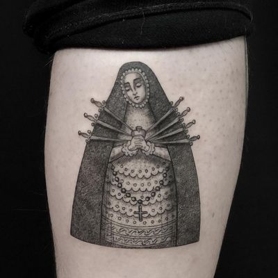 Tattoo by Siri Montra aka avantgarde.ink #SiriMontra #avantgardeink #otattoo #illustrative #medieval #virginmary #cross #swords