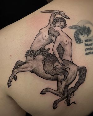 Tattoo by Siri Montra aka avantgarde.ink #SiriMontra #avantgardeink #otattoo #illustrative #sword #portrait #magic #mythicalcreature #centaur