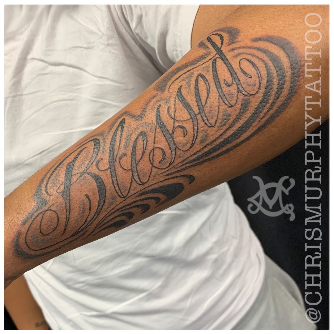 Amour Tattoo - Blessed fine line lettering arm tattoo. Done by: Mimi Ink |  Facebook