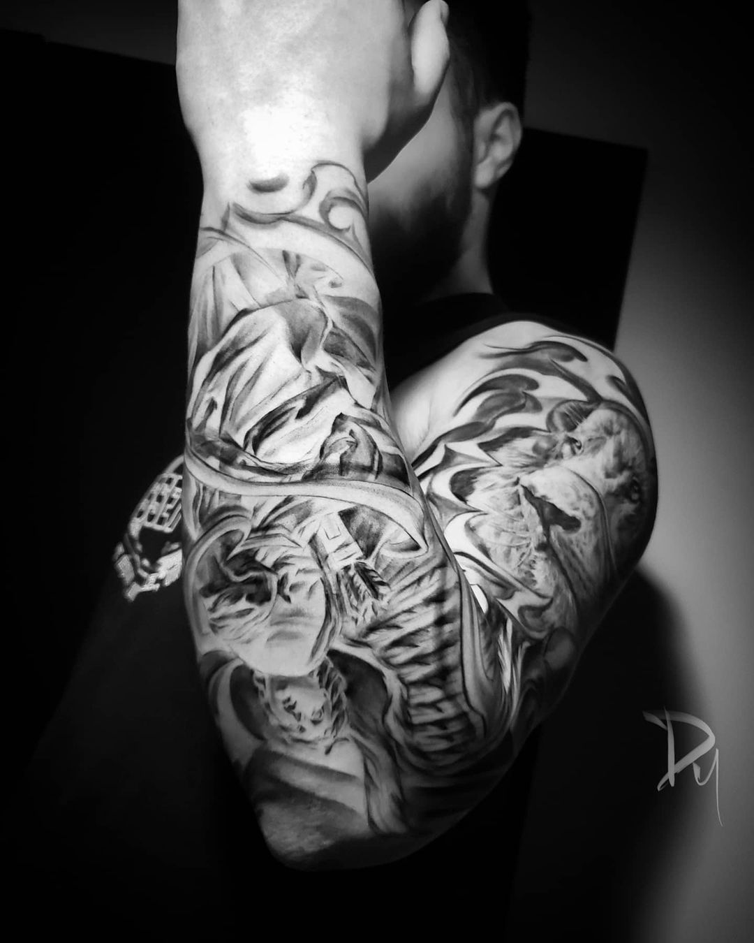 Tattoo Uploaded By Dylan C Realistic Lion Angel Statue Full Sleeve Tattoo 1522840 Tattoodo