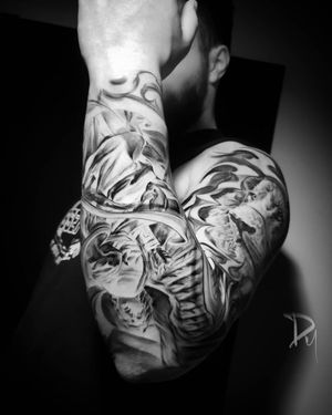 Realistic lion & angel statue full sleeve tattoo 