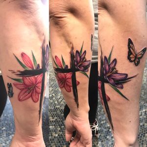 Cross, lilies, and butterflies 