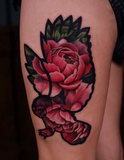 Realism Peonies inside an illustrative owl outline