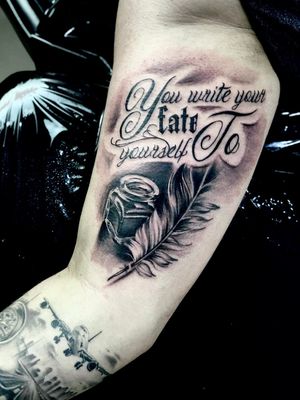 #upperarm #feather #text #fate #pen #write #blackandqray #realism #realistic