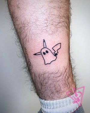 Hand-poked Pikachu / Ghost Tattoo by Pokeyhontas @ KTREW Tattoo - Birmingham, UK #handpokedtattoo#handpoke #stickandpoketattoo #pikachutattoo #bootattoo #ghosttattoo #tattoos #ignoranttattoo #birmingham