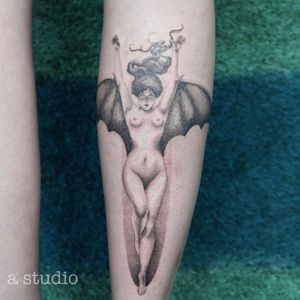 Bat woman dotwork tattoo 