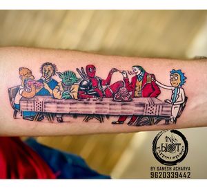 The cartoonish n super hero’s last supper tattoo done @inkblottattooz  by @ganesh46_21  Book an appointment today :9620339442 #lastsupper #colortattoo #tattoo #deadpool #deadpooltattoo #jokertattoo #joker #tattoos #instentattoo #tattooartist #tattooideas #uniquetattoos #tattoodesign #tattooart #tattoogirl #tattoosleeve #tattoolife #tattooshop #tattooink #intenzeink #keralalife #cooltattoos #tattooworld #tattoolovers #tattoomagazine