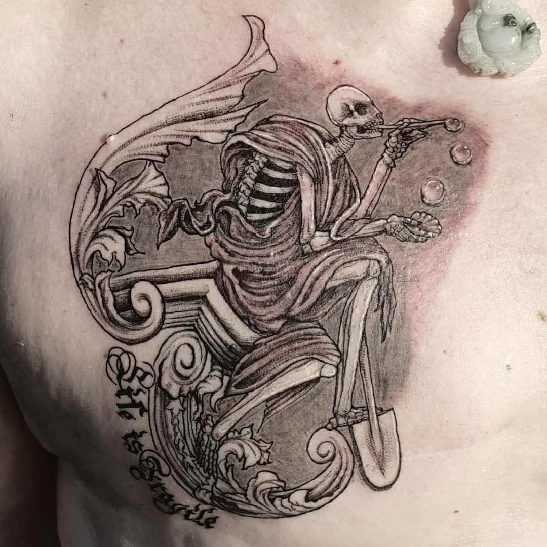 Death blowing bubbles by Olivia at Evermore Tattoo Parlour in Bedford UK   rtattoos