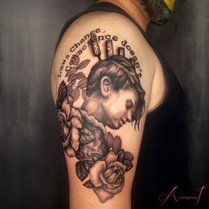 Realistic Portrait Tattoo of Sophie Scholl White Rose Movement by Andreanna Iakovidis #blackandgreyportrait #Sophiescholl #portraittattoolosangeles #Blackandgrey #rosetattoo 