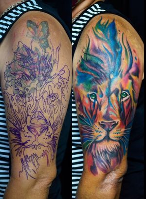 #lion #lionwatercolor #liontattoo #lionwatercolortattoo #coveruptattoo #coberturatattoo #tatuagemcobertura #watercolortattoo #aquarelatattoo 