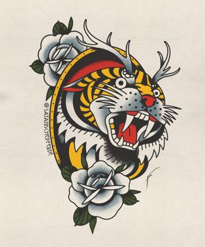 Traditional surreal fantasy tiger color by satanischepferde #traditionaltattoo #tiger #animal #roses #colortattoo #oldschool #tattoodesign #tattooideas #satanischepferde #surrealism #fantasy #cat