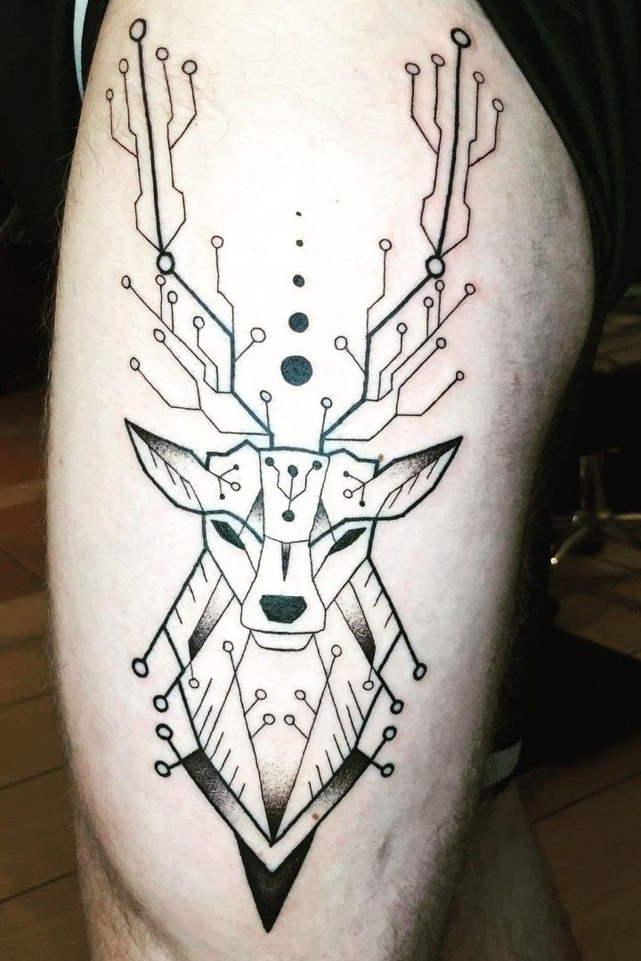 Cyberpunk tattoo that represent heaven and hell that fits on the uppper arm  at the shoulder