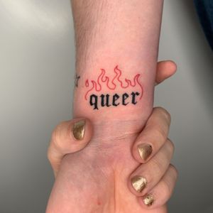 Tattoo by Galen Bryce #GalenBryce #texttattoo #flametattoo #qttr #queertattoo