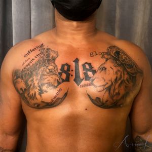 Double Lion Romans 818 Chest Tattoo #liontattoo #tattoosformen #chesttattoo #lionchesttattoo #romans818