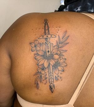 Tattoo by Galen bryce #GalenBryce #darkskintattoo #illustrative #flower #sunflower #dagger #floral