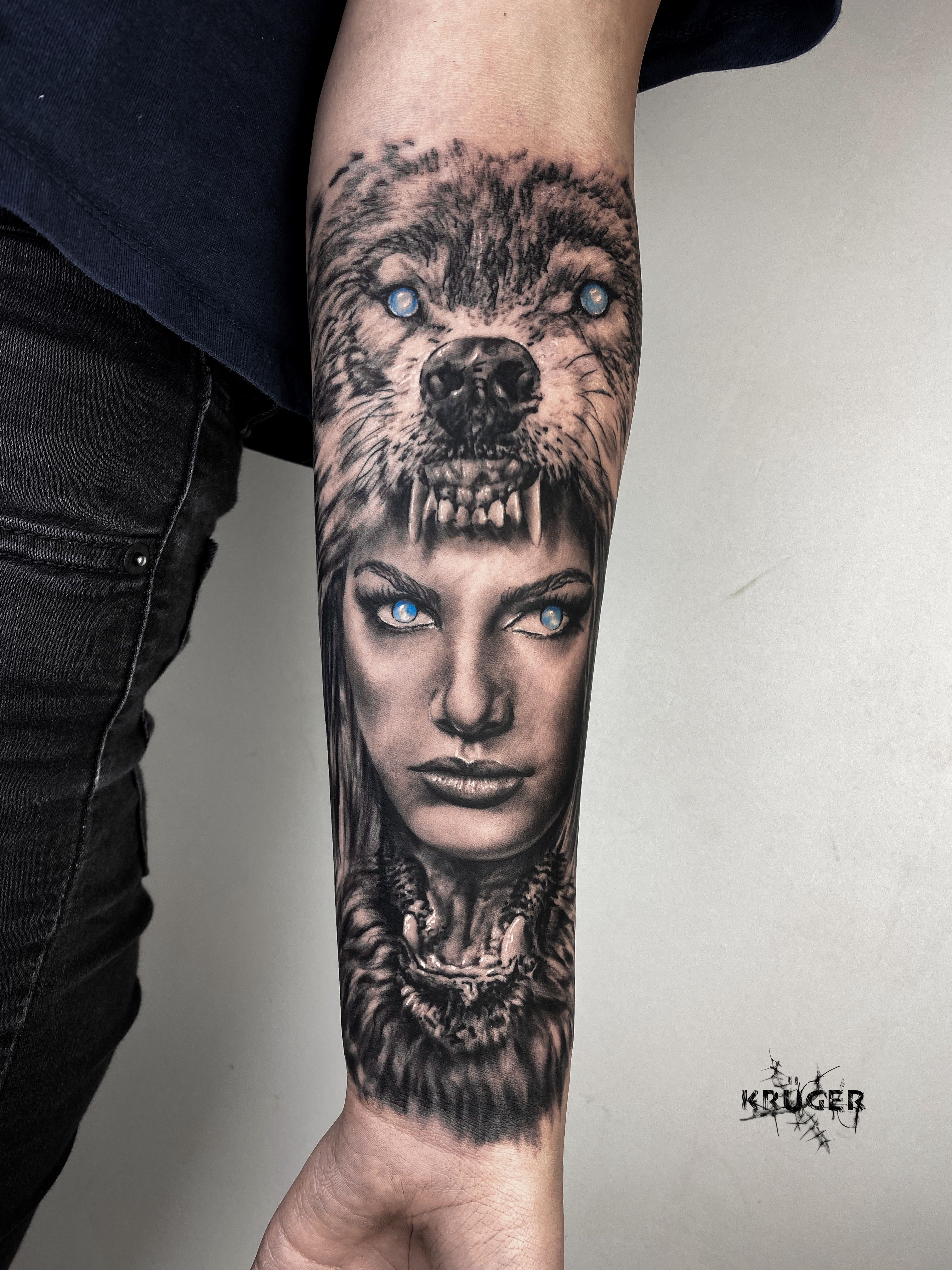 Tattoo uploaded by Jammes  Wolf and girl by jammes tattoos realistic  woman blackandgrey tattooartist tattooart  Tattoodo