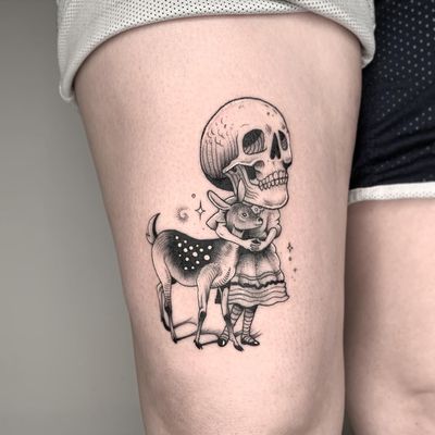 Ignorant style tattoo by Galen Bryce (Drip Skull) combining deer and skull motifs in intricate dotwork and fine line technique on thigh.