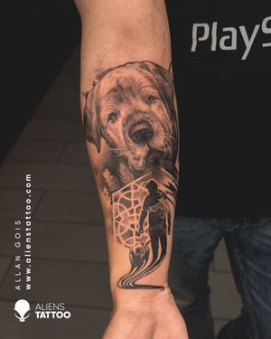Amazing Dog Portrait by Allan Gois at Aliens Tattoo India.If you wish to get this tattoos visit our website- www.alienstattoo.com