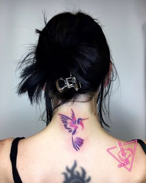 Handpoked Hummingbird Colour Tattoo by Pokeyhontas @ KTREW Tattoo - Birmingham, UK  #hummingbirdtattoo #stickandpoketattoo #colour #neck #bird #birmingham