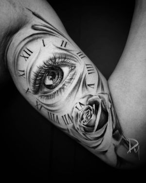 awesome eye clock rose tattoo by Dylan C