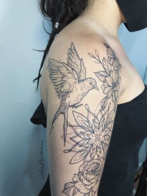 A lower forearm sleeve full colour mandala flowers, and owl, bees,  pinecone, lady bugs. Moon sunflower honey suckle lighthouse blue Jay  humming bird tattoo idea