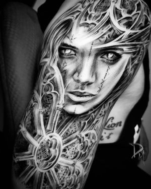 female face with gothic Cathedral window tattoo by Dylan C Montreal tattoo artist