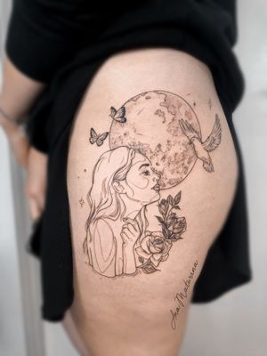 Ana Maturana’s tattoo moon girl - bird and butterflies