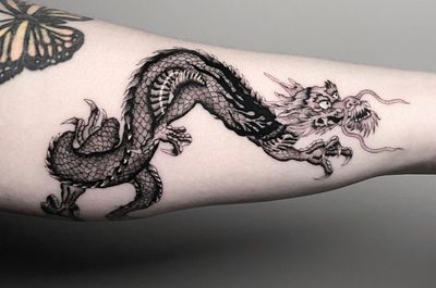 Tattoo by Deven Brodersen #DevenBrodersen #illustrative #fineline #singleneedle #dragon 
