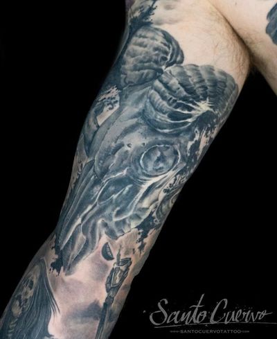 Ram skull - Sponsored by: @hellotattoomed @greenhousetattoosupplies Done using: @killerinktattoo @fusion_ink @fkirons @inkjecta @blackclaw @stencilanchored @inkeeze #tattoo #tattedup #tattooart #tattoostudio #tattoolovers #ink #inklife #inked #tattooartist #londontattooartist #tattooing #tattoolife #tattoosocial #tattoolondon #vegantattoo #veganink #vegan #killerinktattoo #london #stokenewington #hackney #londontattoostudio #alexalvarado #santocuervo