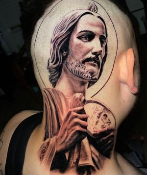 San Judas TadeoIt’s always an honor to do religious tattoos it means a lot to me to be able to bless someone with my blessing.  I welcome and respect all backgrounds & beliefs 💡💉 Black & Grey 💵All Day Sessions going on now 📲 Message me your ideas , Private studio in the heart of Downtown LA Stop by for a free consultation to set up your appointment now! ..#Uzis_Tattoos #RafaelCamarena #BlackandGrey #ChicanoTattooArtist #ReligiousTattoo#sanjudastadeo#LosAngelesTattooArtist #Tattoos #SanJudasTadeo #SaintJude #LifeIsGood #OrangeCounty#ChicanoArt#LosAngeles #California #CaliforniaTattooArtist #PhotoOfTheDay #DTLA #SouthCentral #Tatuajes#LosAngelesTattoo #Mexico #BlackAndGreyTattoo #BlackandGreySleeve#mexicanstyle_tattoos #MexicanTattoos #HeadTattoo #BNGInkSociety@mexicanstyle_tattoos @mexicanstyle_art @bnginksociety @bng.script.tattoos@tattooloverscare