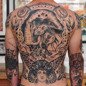 Swipe to see photos of this finished back piece done by Lachie Grenfell....@lachiegrenfell ...#lachiegrenfell #melbournetattoo #melbournetattooartist #backpiecetatto #traditionaltattoo #traditionaltattoos #boldlines #blackwork #pharoahshorses #northmelbournetattoo #vicmarkettattoo