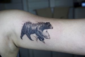 𝙄𝙂: 𝙣𝙖𝙩𝙚_𝙩𝙝𝙖𝙞𝙡𝙖𝙣𝙙 🌿 Blackwork abstract bear tattoo with pine tree forest by Nate, a tattooist in Chiang Mai, Thailand
