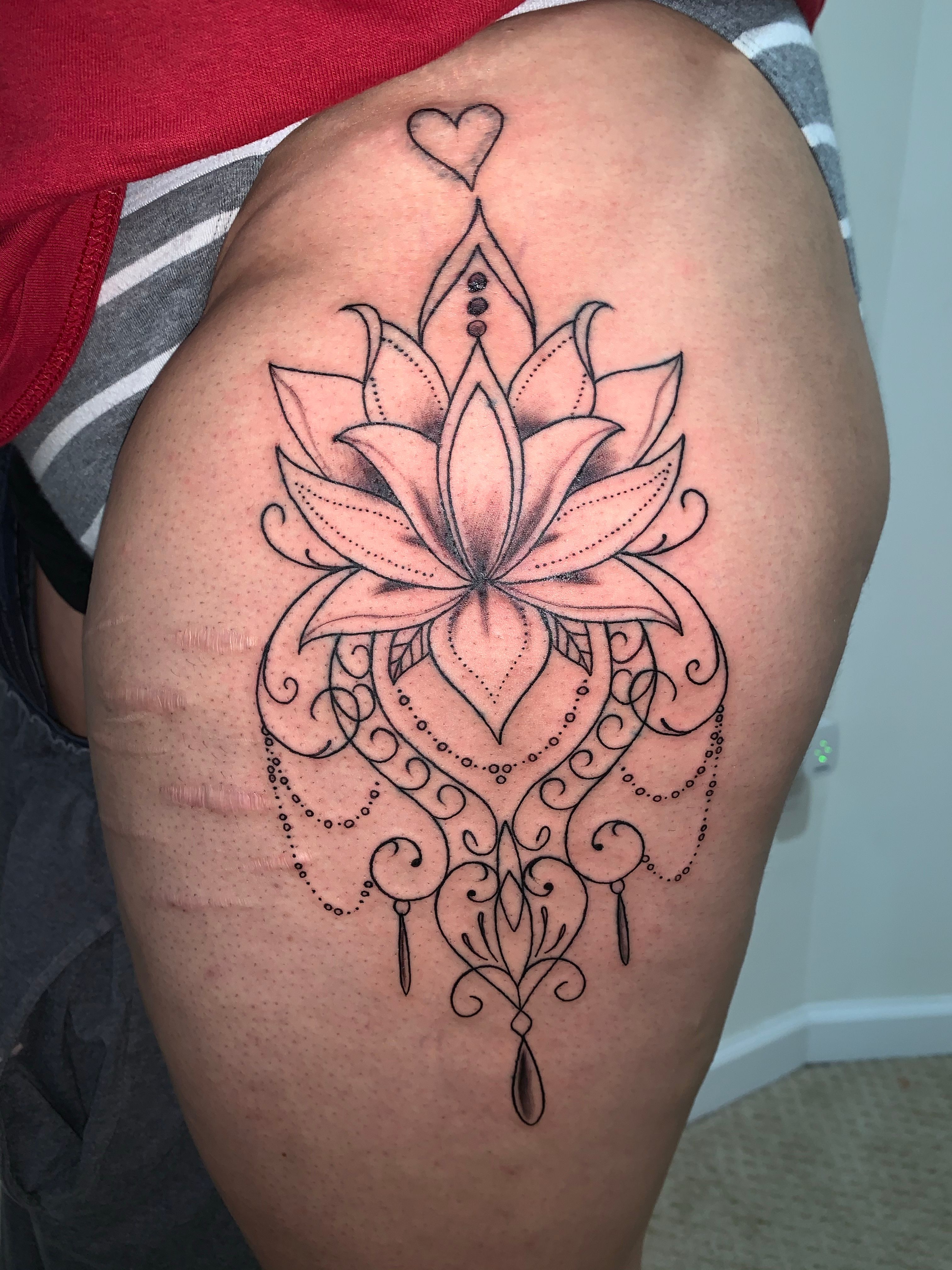Black Ink Mandala Lotus Flower Tattoo On Right Forearm