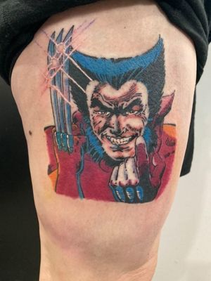 Classic Wolverine, side of my right thigh.Artist: TroyGTattoos