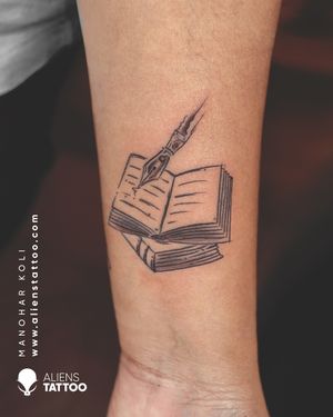 Books are said to be man's best friend. They let you travel and acquire knowledge without having to move from place to place. Book Tattoo by Manohar Koli at Aliens Tattoo India.
If you wish to get this tattoo visit our website www.alienstattoo.com