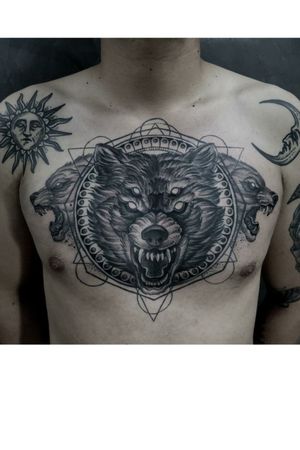 Wolf tattoo #wolftattoo #sun #moon #blackwork #wolf #blackandgreytattoo 
