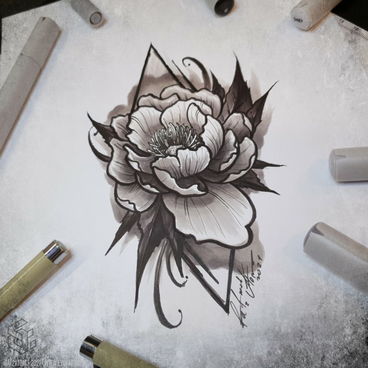 Tattoo uploaded by Вадим • Тату эскиз - Пион и Геометрия. Эскиз ...