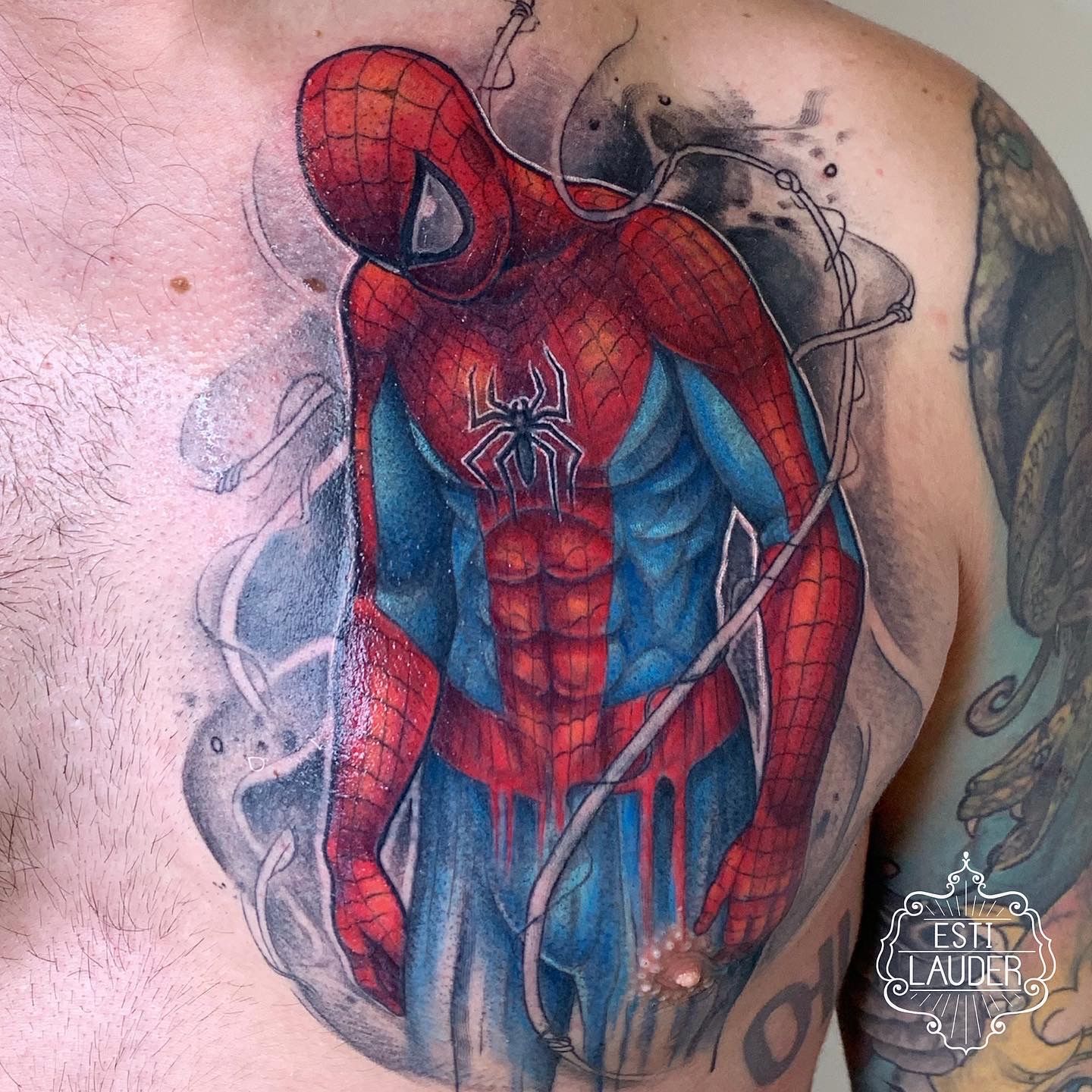 Art on Tumblr: Amazing artist Dave Paulo @davepaulo_tattooartist awesome  Spider-Man city scape thigh tattoo!
