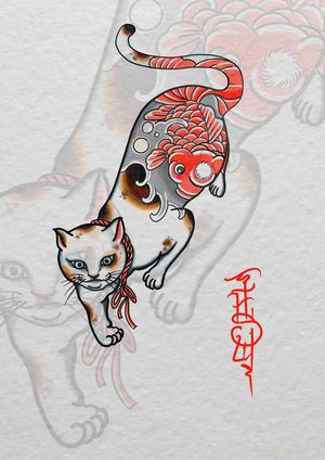 Japanese Cat Traditional Flash tattoo design by Thaigaz Swallow #Goldendaggertattoobkk