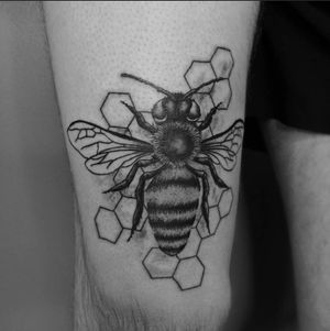 Adam was one of my first clients and one year later we're still working together. Super excited to see how this piece heals up 🖤 .#beetattoo #legtattoo #kneetattoo #ink #inked #tattoodublin #coloredtattoos #honeycomb #tat #dublintattoo #womentattooartists #lovemyjob #bishoprotary #tatuagem #eternalink #tattooireland