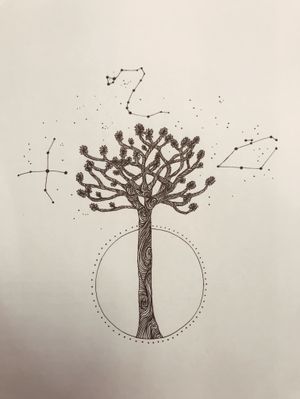 Slash pine tree with geometric dot circle, stars, and Drago, Cygnus, and Auriga constellations. $450Instagram: @the.funk