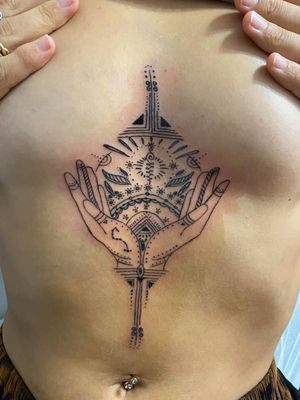 Sternum piece for Ally! Open hands with Scorpio constellation and geometric mandala fluff.