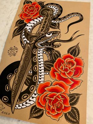 Snake & Dagger painting with roses