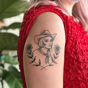 Cowgirl tattoo by foragertattoo #foragertattoo #cowgirl #illustrative #daisy #flower #portrait 