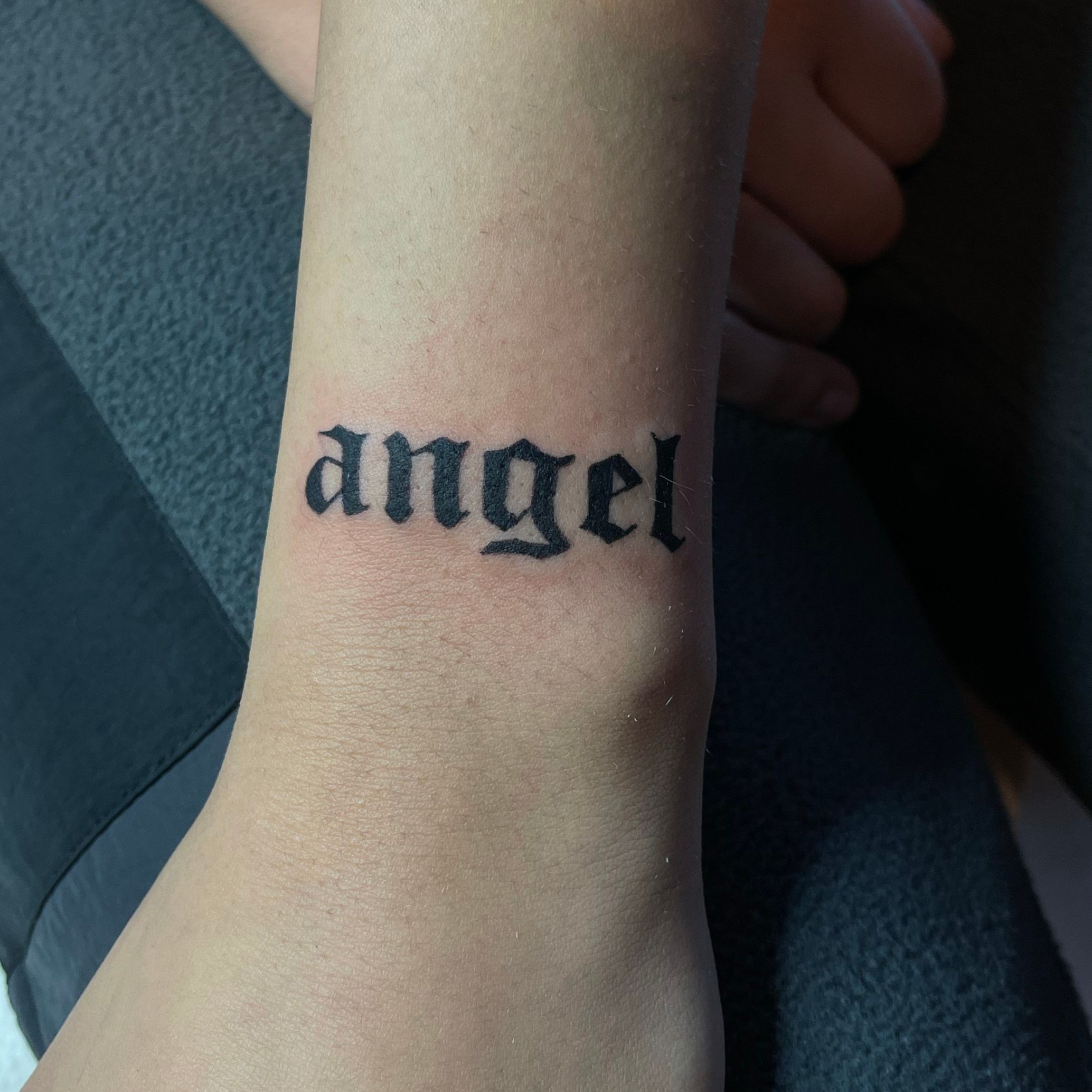Angel text. Done with a 3RL. IG: @conorhealee : r/sticknpokes
