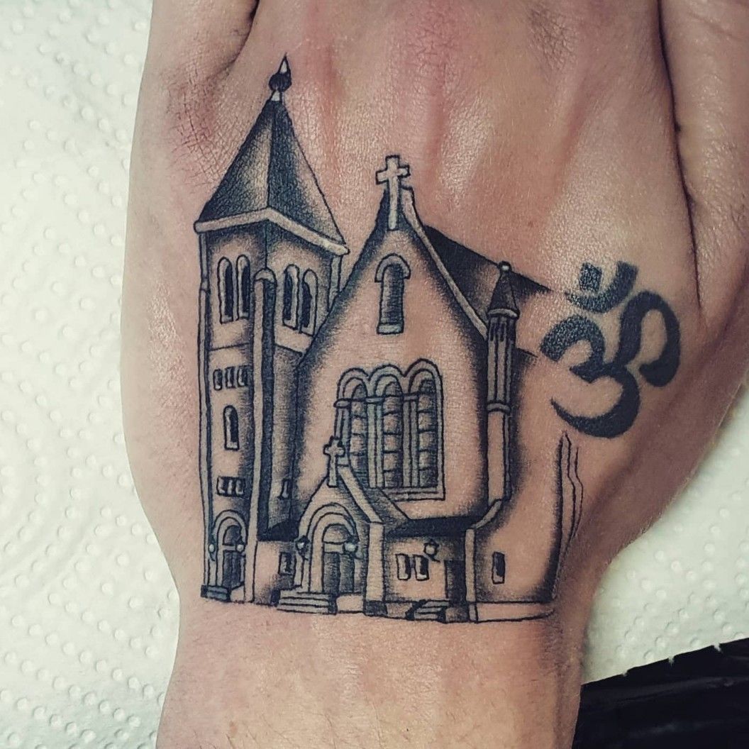 Dotwork Imaginary Church Landscape Tattoo Design – Tattoos Wizard Designs