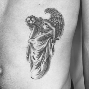 Angel Illustrative tattoo by Jesus Antonio #JesusAntonio #illustrative #fineline #chicano #blackandgrey #angel #angelwing #wing #feather #portrait 