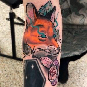 Fantastic Mr Neo Traditional fox with kitsune mask and crystal gems 