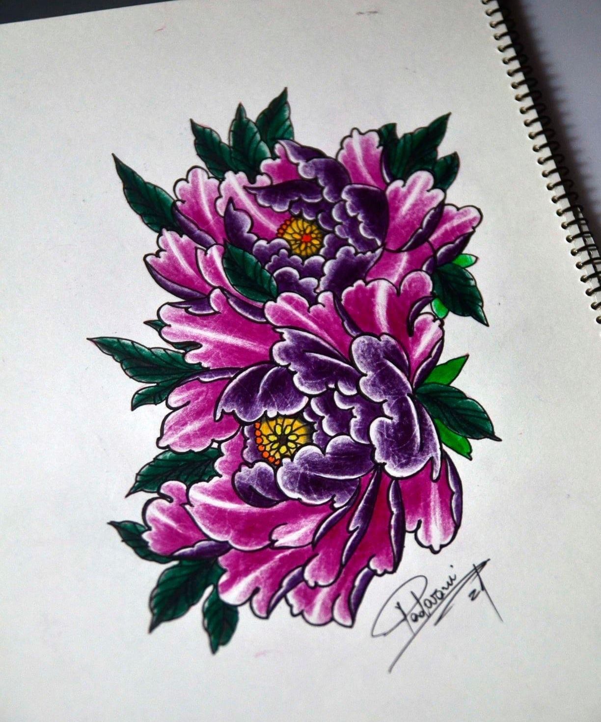 Colorful peonies bouquet, neon colored tattoo idea | TattoosAI